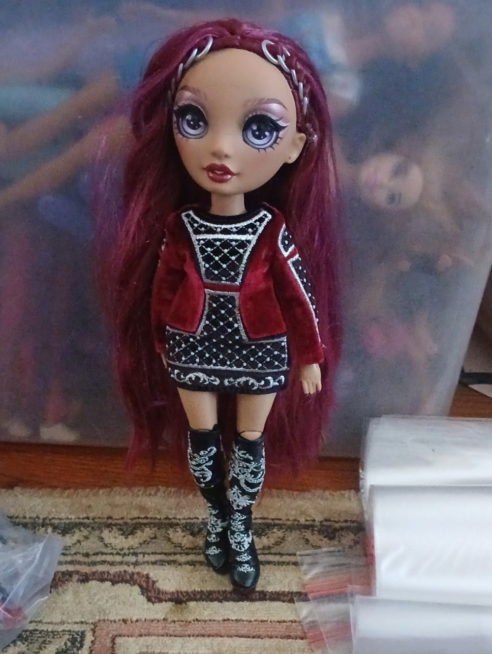 Raimbow Hgh Doll With Velvet Burgundy Dress with Embroidered Black Accents